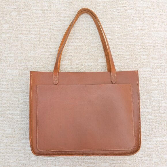 Oversized Hand-Stitched Veg-Tan Leather Tote (16” × 12.5” × 4.5”) - Picture 2 of 14